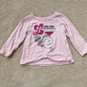 Healthtex Pink Long Sleeve Shirt with Love Design and gathered in the front 24m